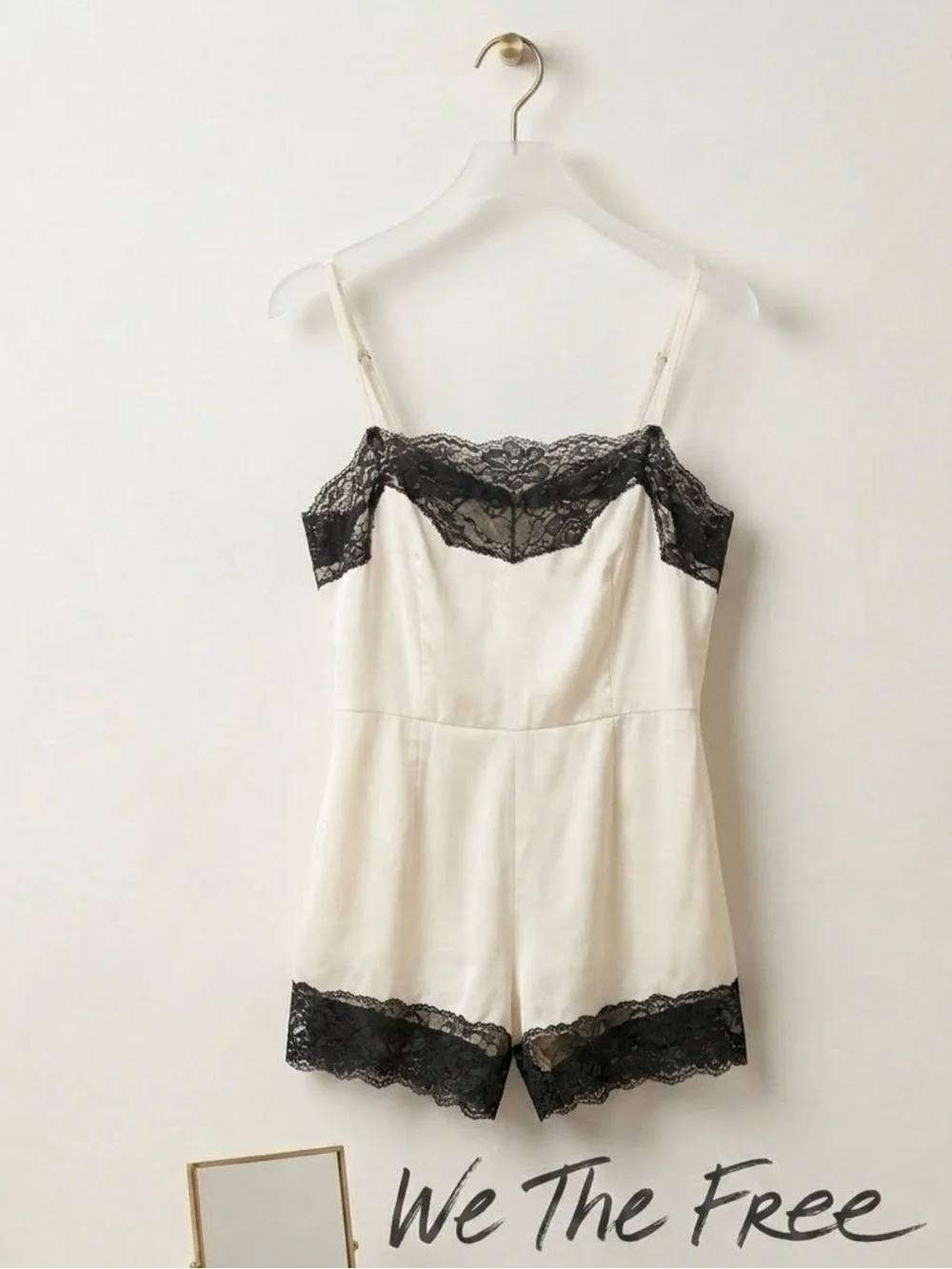 We The Free Cream Satin Romper with Black Lace Trim